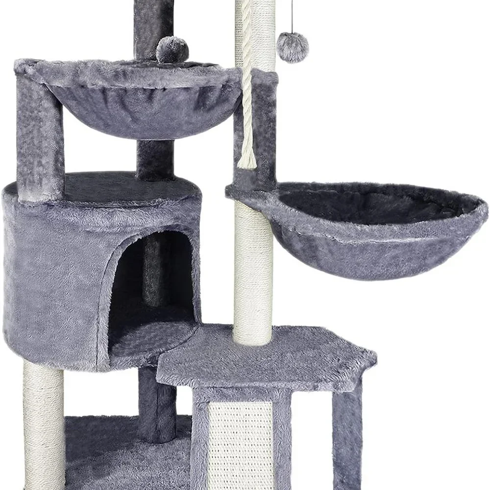 Three Layer Cat Tree with Cat Condo and Two Hammocks, Grey